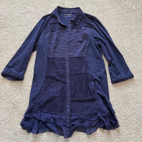 April Cornell Tops - April Cornell Tunic Womens S Blue Ruffle Lace Boho Cottage Collared Relaxed